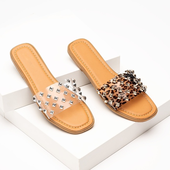 Pierre Dumas Shoes - Clear Studded Flat Slide Sandals